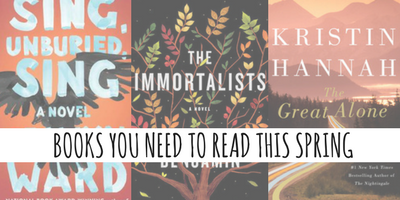 Book Covers including Sing, Unburied, Sing; The Immortalists, and the Great Alone