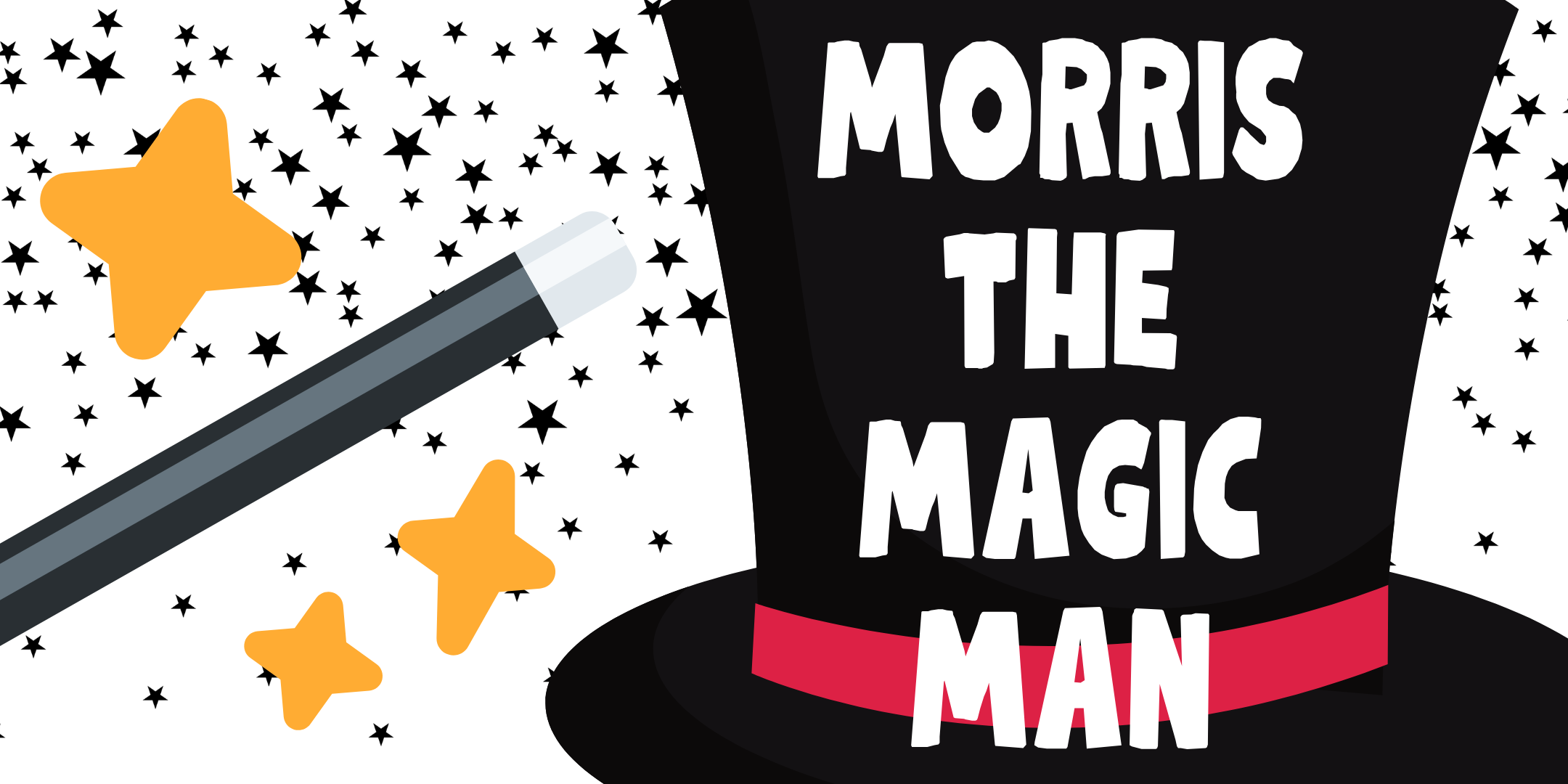 image with text stating Morris the Magic Man on a black top hat with a red band around the brim edge, with a wand and stars in the background in black and yellow colors.