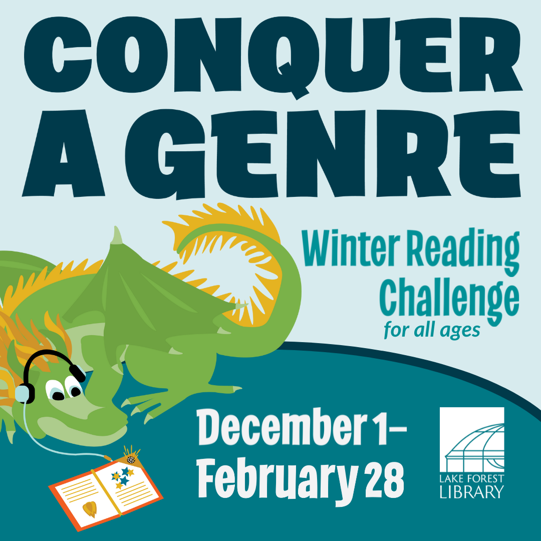 Conquer a Genre: Winter Reading Challenge, December 1–28 image with dragon listening to a Wonderbook