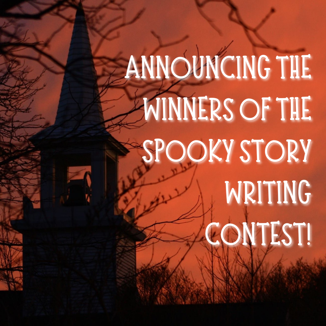 image of a haunted house silhouette with an orange sky with text reading Announcing the winners of the Spooky Story Writing Contest
