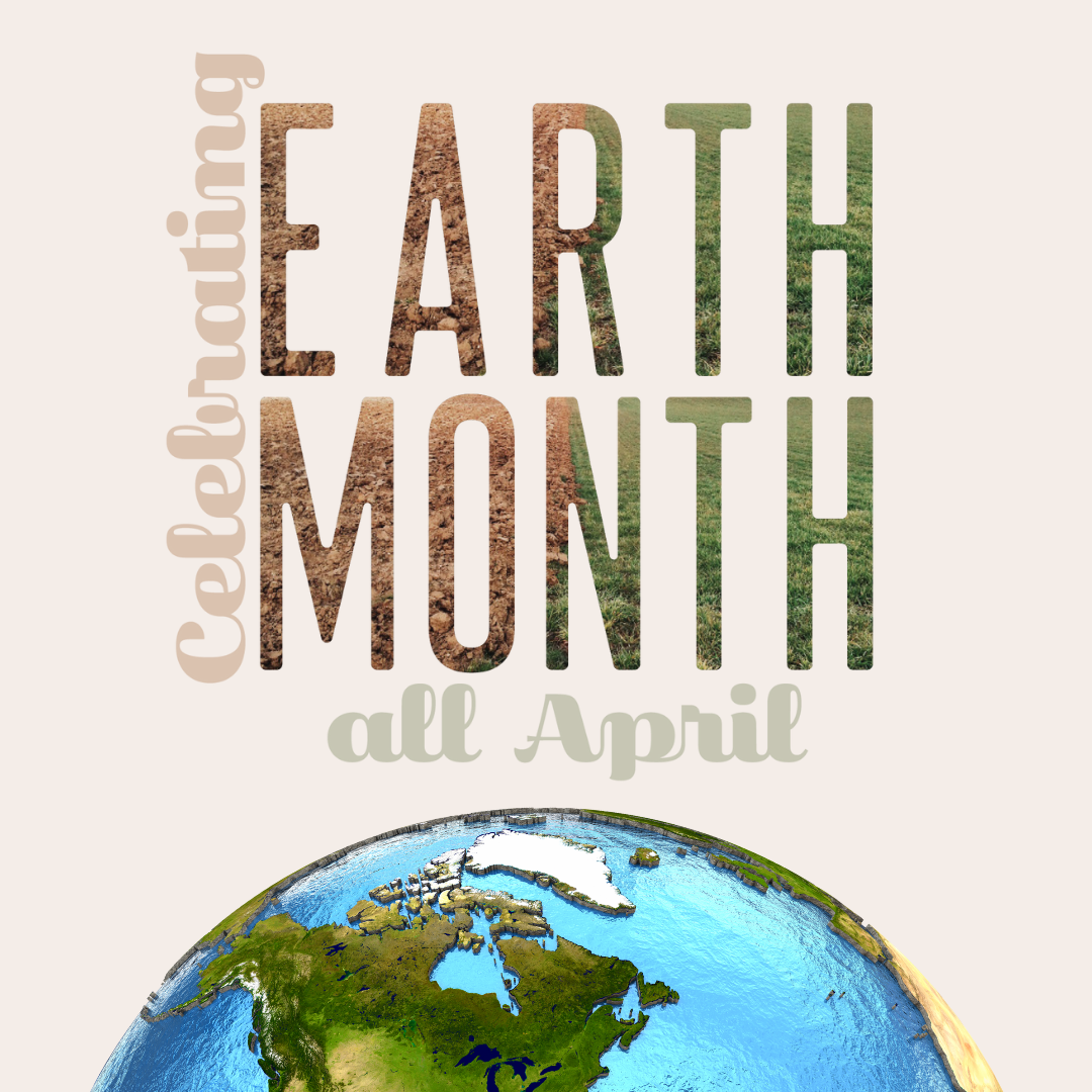 Celebrating Earth Month with a beige background and the Earth rising up from the bottom of the image