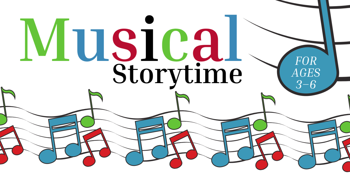 Musical Storytime for Ages 3–6 image with music notes in multi colors