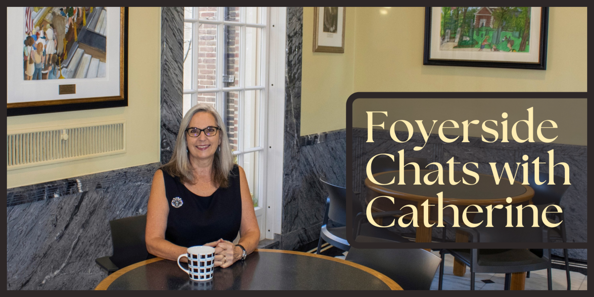 Foyerside Chats with Catherine image with Catherine sitting in the Foyer