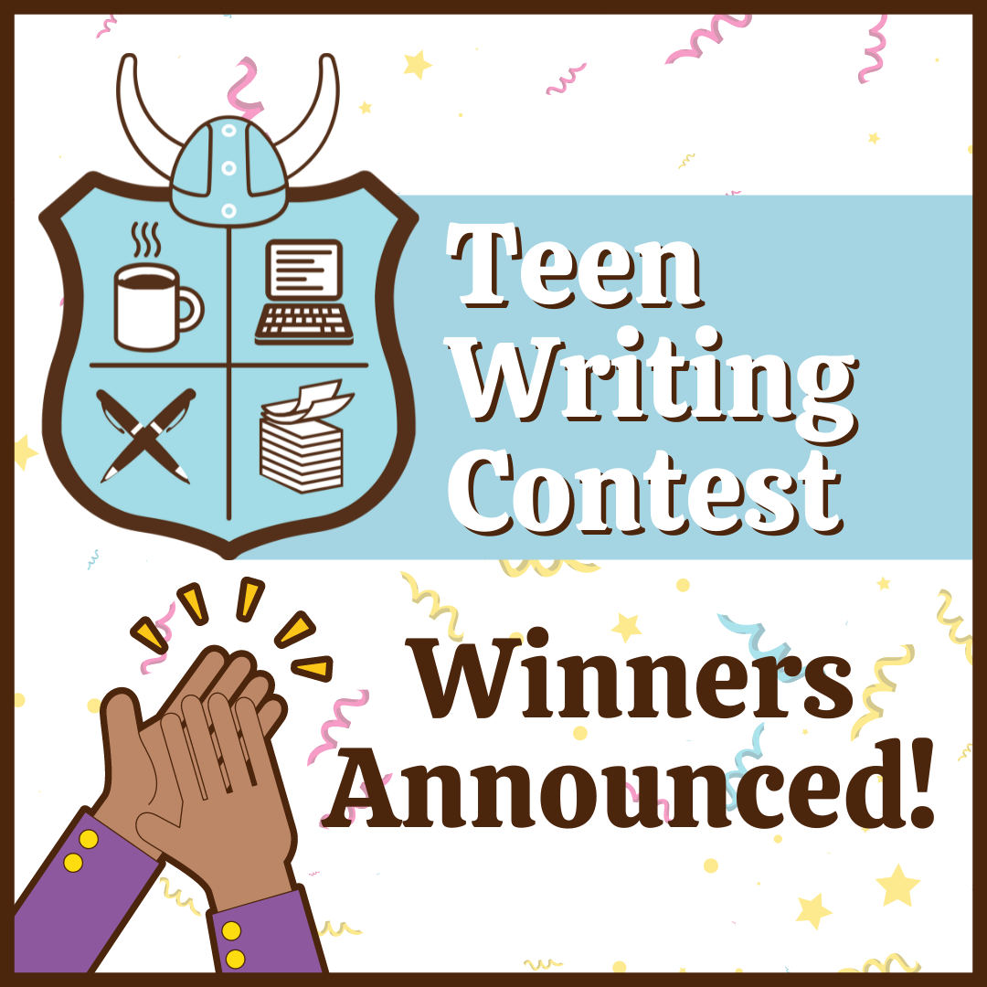 Teen Writing Contest Winners Announced! image with celebratory ribbons and clapping hands